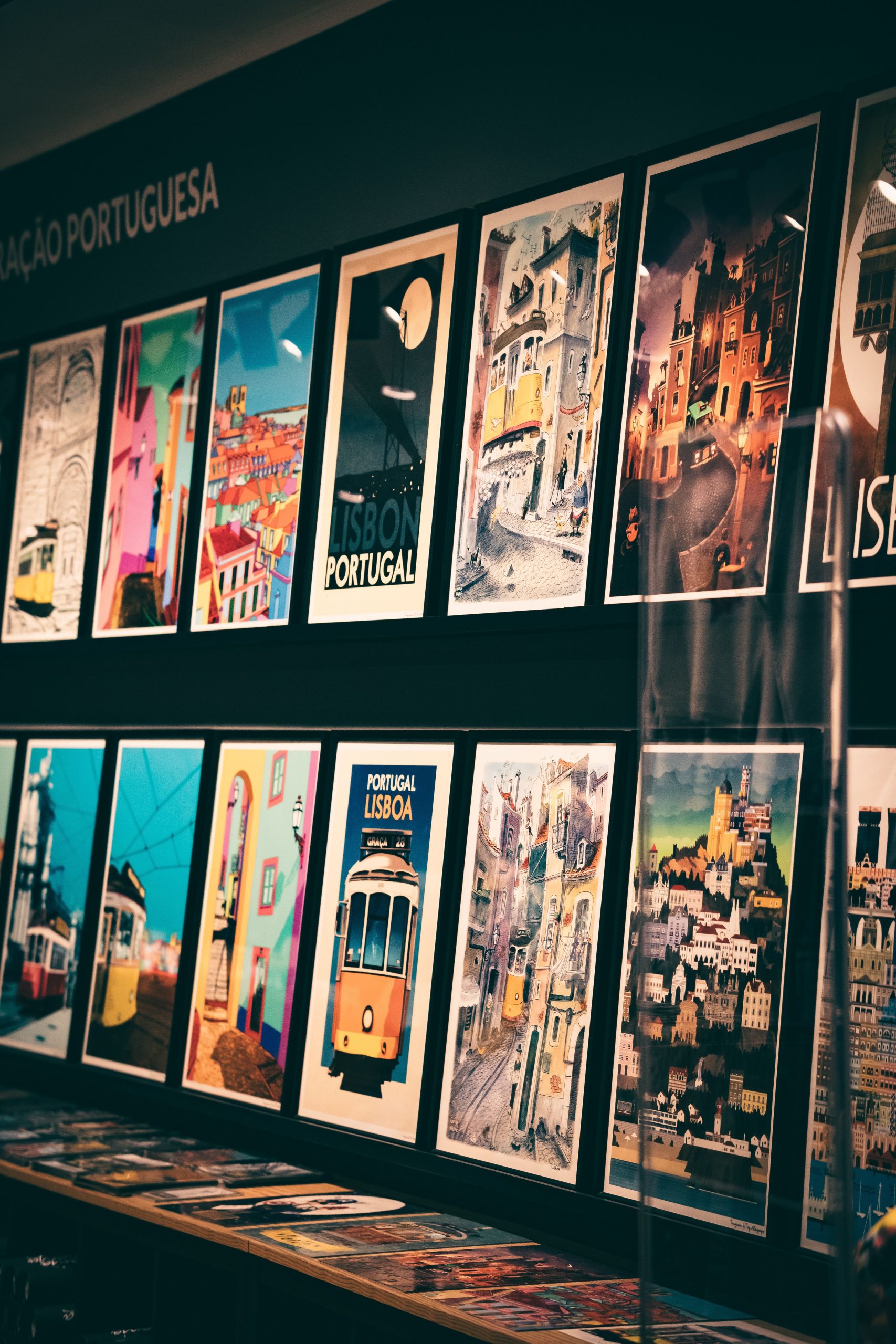 Vibrant Lisbon cityscape posters on display, capturing the essence of Portugal's capital city and artistic culture.